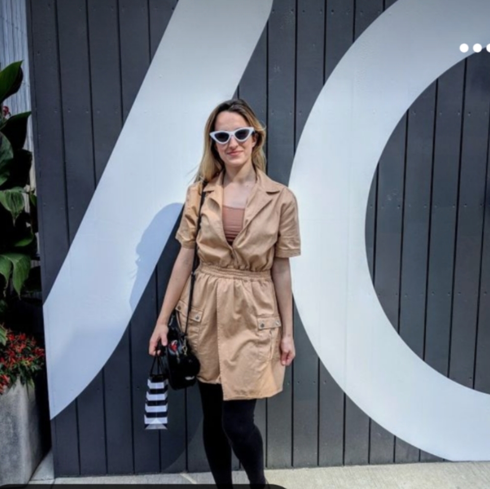 Beige boxy dress cinched waist